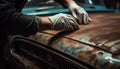 Mechanic polishing car bodywork with metal work tool outdoors generated by AI