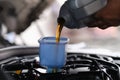 Mechanic pouring engine oil into engine in car service