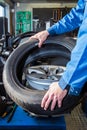 Mechanic putting a tire on a light weight alloy rim Royalty Free Stock Photo