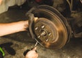 The mechanic is repairing the brake wheels. Royalty Free Stock Photo