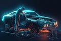 Mechanic repairing a car on dark background. 3D Rendering, Futuristic AI robot mechanic repairing cars, AI Generated Royalty Free Stock Photo