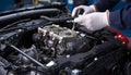 Mechanic repairing car engine in auto repair shop generated by AI