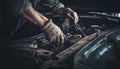 Mechanic repairing car engine with wrench tool generated by AI