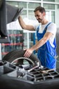 Mechanic repairman installing car wheel on tyre