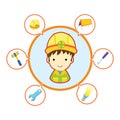 Mechanic repairman with job tool icons