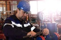 The mechanic - the repairman , operator production gas, Oil, gas industry. gas conditioning equipment and valve armature