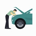 Mechanic repairs a car, flat design vector illustration. Car service