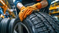 Mechanic's Expert Hands Evaluating High-Quality Car Tires. Generative ai