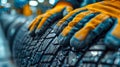 Mechanic's Expert Hands Evaluating High-Quality Car Tires. Generative ai