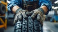 Mechanic's Expert Hands Evaluating High-Quality Car Tires. Generative ai