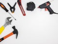 mechanic\'s tools on a white background top view of the table, for work Royalty Free Stock Photo