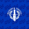 Mechanic service logo on seamless pattern checkered flag, vector illustration