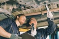 Mechanic service team working check under car suspension on hoist maintenance in garage Royalty Free Stock Photo