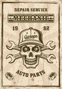 Mechanic skull in cap and two wrenches poster