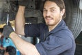 The mechanic is smiling happily at work. Mechanic reparing the car in the workshop garage. Auto mechanic hands using wrench to