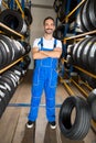 Mechanic standing between car tires Royalty Free Stock Photo