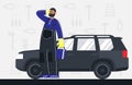 Mechanic stands on the backgroud of a car and tools. Color illustration.