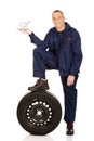 Mechanic with a tire and basket Royalty Free Stock Photo