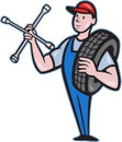 Mechanic With Tire Socket Wrench And Tire Royalty Free Stock Photo