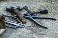 Mechanic tools. Authentic tools. Set of different garage tools.