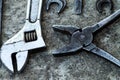 Mechanic tools. Authentic tools. Set of different garage tools.