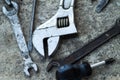 Mechanic tools. Authentic tools. Set of different garage tools.