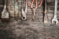 Mechanic tools set on dirty wooden background Royalty Free Stock Photo