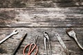 Mechanic tools set on dirty wooden background Royalty Free Stock Photo