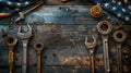 Mechanic Tools and USA Flag on Wooden Background Celebrating Labor Day, a National Holiday