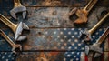 Mechanic Tools and USA Flag on Wooden Background Celebrating Labor Day, a National Holiday