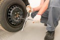 Mechanic unscrews the wheel a wrench Royalty Free Stock Photo