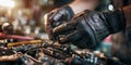The mechanic using gloves to repair intricate machinery in a workshop. AI generated image Royalty Free Stock Photo