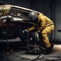 A mechanic using a hydraulic jack to lift a car Hyper-rea generative AI