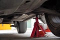 mechanic is using the jack to stand up safely in your car,Jack stands hold your vehicle up safely Royalty Free Stock Photo