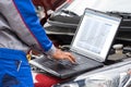 Mechanic Using Laptop For Examining Car Engine Royalty Free Stock Photo