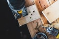 The mechanic is using wood cutting tools in construction Royalty Free Stock Photo