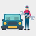 Mechanic woman with the car vector illustration for occupation concept