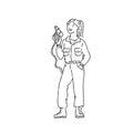 Mechanic woman in professional jumpsuit with tool in hand. Line art style character vector black white isolated