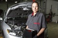 Mechanic woman working on car in his shop Royalty Free Stock Photo