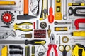 Mechanic work tools for home renovation on metallic background. flat lay Royalty Free Stock Photo