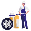 Mechanic worker with extinguisher fire and tire