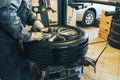 Mechanic worker makes computer wheel balancing on special equipment machine tool