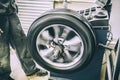 Mechanic worker makes computer wheel balancing on special equipment machine tool