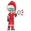 Mechanic worker with Santa Claus hat making an announcement with a megaphone. Merry christmas. Engineer with his personal