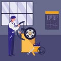 Mechanic worker with tire changer machine Royalty Free Stock Photo