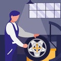 Mechanic worker with tire changer machine Royalty Free Stock Photo