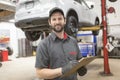 Mechanic working on car in his shop