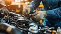 A mechanic working on an engine, adjusting components with precision and care