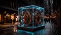 Mechanical AI Core Rotating Inside Transparent Cube. AI themed Background. Generated Image Royalty Free Stock Photo