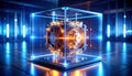Mechanical AI Core Rotating Inside Transparent Cube. AI themed Background. Generated Image Royalty Free Stock Photo
